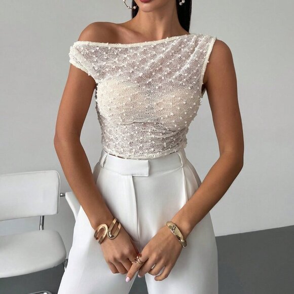 Apricot Casual Women's Asymmetric Neck Textured Knit Gathered Bodycon T-Shirt - Picture 6 of 7